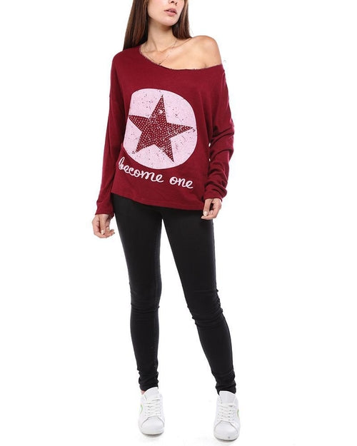 Red Star Print Slouchy Jumper
