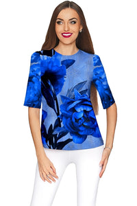 Mystery Sophia Blue Flower Print Fancy Party Top