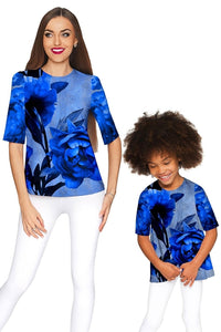 Mystery Sophia Blue Flower Print Fancy Party Top