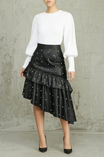 Beading Ruffles Irregular PU Midi Skirt