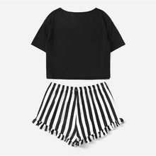 Black Graphic Tee & Frilled Striped Shorts PJs
