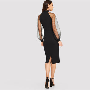 Party Black Pencil Bodycon Dress With Jacquard Contrast Mesh
