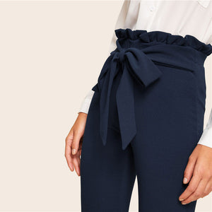 Navy Elegant Paperbag Waist Belted High Waist Pants