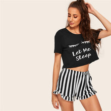 Black Graphic Tee & Frilled Striped Shorts PJs
