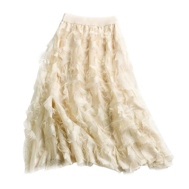 High Waist Feather Pattern Tulle Skirt