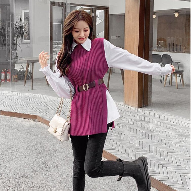 Long lantern sleeve shirt with knitted vest - 2 two piece set