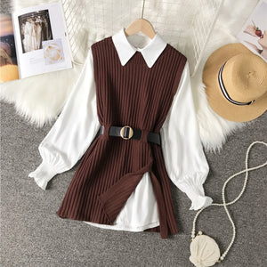 Long lantern sleeve shirt with knitted vest - 2 two piece set