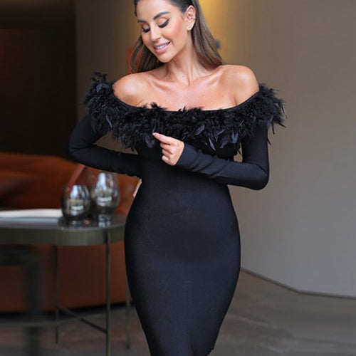 Off Shoulder Feather Long Sleeve Dress