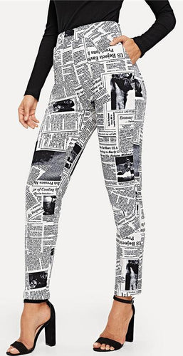 Black and White Newspaper Print Skinny Pants