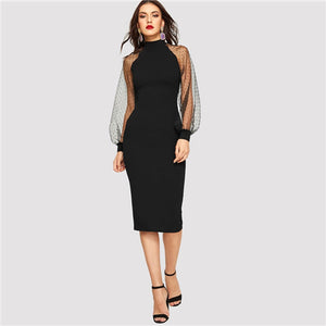Party Black Pencil Bodycon Dress With Jacquard Contrast Mesh