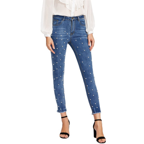 Pearl Beaded Frayed Hem Jeans