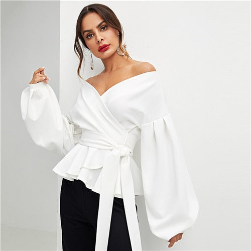 White Off the Shoulder Solid Blouse