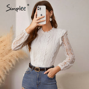 Lace patchwork o-neck long sleeves blouse