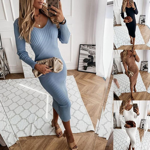 Winter Fashion Knitted V-neck Long Sleeve Dresses