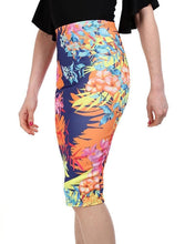 Navy Tropical Floral Print Midi Skirt