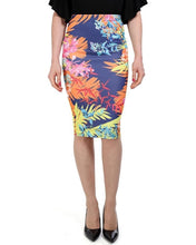 Navy Tropical Floral Print Midi Skirt