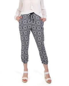 Navy White Ruched Cropped Summer Pants