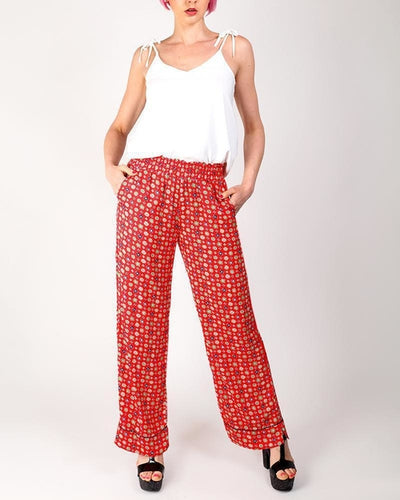 Printed Satin Red & Green Palazzo Pants