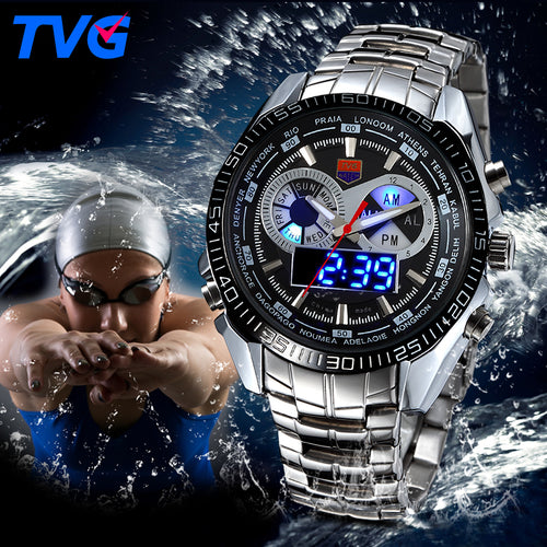 Men's Stainless Steel Luxury Black Digital Watch Sport Analog LED