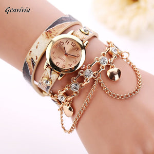 Women's Leather Rhinestone Rivet Chain Quartz Bracelet Wristwatch