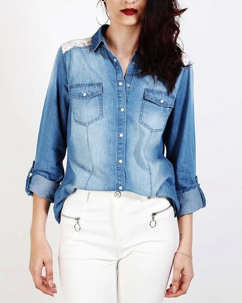 White Lace Detail Blue Denim Shirt